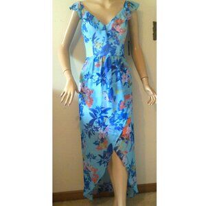 Guess Tropical Print Chiffon Ruffle V-Neck Sleeveless Hi-Low Midi Size 2 NWT